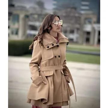 Zeagoo Women's Elegant Jacket Faux Fur Lapel Double Breasted Thick Wool Coat Swing Coat Plus Size Camel