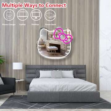 Zmmyuluo Hello Kit Neon Sign Mirror 1 Pcs Anime Cat Vanity Mirror 16.1"X14" Makeup Mirror with Dimmable Neon Signs Cute Wall Mirror for Bedroom,Game Room,Kids Birthday Xmas Easter Gift (16.1"X14")