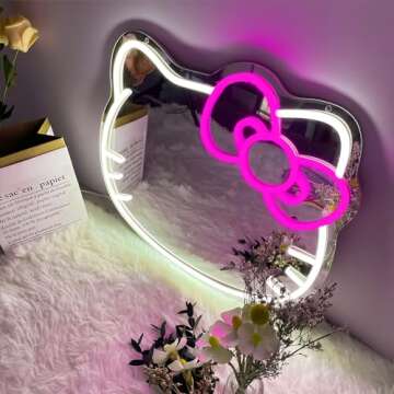 Zmmyuluo Hello Kit Neon Sign Mirror 1 Pcs Anime Cat Vanity Mirror 16.1"X14" Makeup Mirror with Dimmable Neon Signs Cute Wall Mirror for Bedroom,Game Room,Kids Birthday Xmas Easter Gift (16.1"X14")