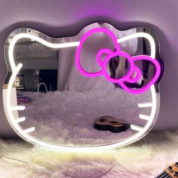 Zmmyuluo Hello Kit Neon Sign Mirror 1 Pcs Anime Cat Vanity Mirror 16.1"X14" Makeup Mirror with Dimmable Neon Signs Cute Wall Mirror for Bedroom,Game Room,Kids Birthday Xmas Easter Gift (16.1"X14")