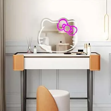 Zmmyuluo Hello Kit Neon Sign Mirror 1 Pcs Anime Cat Vanity Mirror 16.1"X14" Makeup Mirror with Dimmable Neon Signs Cute Wall Mirror for Bedroom,Game Room,Kids Birthday Xmas Easter Gift (16.1"X14")