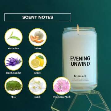 Homesick Scented Candles for Home (Evening Unwind) - 13.75 oz Long-Lasting Natural Soy Wax Blend Jar Candle Gifts for Women & Men, 60-80 Hours Burn Time - Notes of Valencia Orange, Melon & Moss