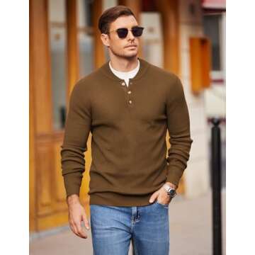 Stylish COOFANDY Men's Quarter Button Pullover Sweater in Brown for Every Occasion