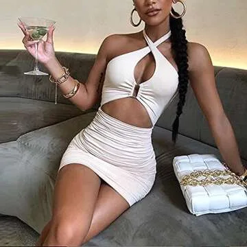 SHESEEWORLD Women's Sexy Club Sleeveless Halter Neck Ruched Bodycon Mini Party Dress Clubwear White