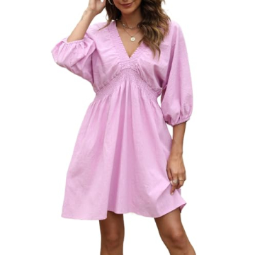Ladyful Cotton Linen Mini Dress V Neck A-Line Summer Dress