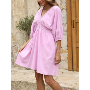 Ladyful Cotton Linen Mini Dress V Neck A-Line Summer Dress