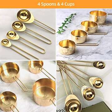 Measuring Spoons and Cups Set, Globalstore 8 Piece Stainless Steel Measuring Cup Set, Stackable Measuring Cups with Engraved Marking Ruler, Measure Cups for Measuring Dry and Liquid Ingredients