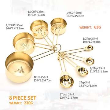 Measuring Spoons and Cups Set, Globalstore 8 Piece Stainless Steel Measuring Cup Set, Stackable Measuring Cups with Engraved Marking Ruler, Measure Cups for Measuring Dry and Liquid Ingredients