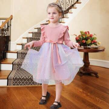NARPLO Toddler Girls Dresses Tulle Long Sleeve Ruffle Baby Fall Winter Fashion Casual Toddler Dresses for Girls