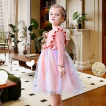 NARPLO Toddler Girls Dresses Tulle Long Sleeve Ruffle Baby Fall Winter Fashion Casual Toddler Dresses for Girls