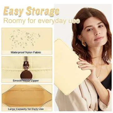 Nylon Large Makeup Bag Travel Pouch for Women, Preppy Big Makeup Bag Cute Cosmetic Zipper Pouch Purse, DIY Chenille Letter Bag Waterproof Toiletry Bag Clutch Makeup Organizer Pouch for Girls(Beige)