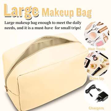 Nylon Large Makeup Bag Travel Pouch for Women, Preppy Big Makeup Bag Cute Cosmetic Zipper Pouch Purse, DIY Chenille Letter Bag Waterproof Toiletry Bag Clutch Makeup Organizer Pouch for Girls(Beige)