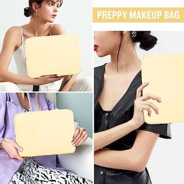 Nylon Large Makeup Bag Travel Pouch for Women, Preppy Big Makeup Bag Cute Cosmetic Zipper Pouch Purse, DIY Chenille Letter Bag Waterproof Toiletry Bag Clutch Makeup Organizer Pouch for Girls(Beige)