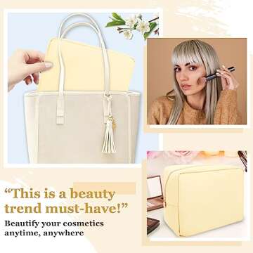 Nylon Large Makeup Bag Travel Pouch for Women, Preppy Big Makeup Bag Cute Cosmetic Zipper Pouch Purse, DIY Chenille Letter Bag Waterproof Toiletry Bag Clutch Makeup Organizer Pouch for Girls(Beige)