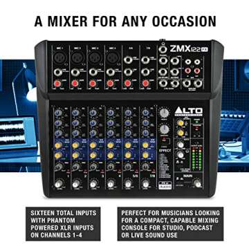 Alto Professional ZMX122FX | 8 Channel Compact Audio Mixing Desk with Built-In Effects, Four XLR Microphone Inputs and Two Stereo Inputs