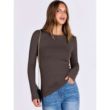 ANRABESS Women Long Sleeve Crewneck Rib Knit Slim Fit Shirts Basic Tee Tops 2025 Casual T-Shirt Going Out Workout Outfits Brown Medium