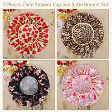 4 PCS Kids Satin Bonnet Child Sleeping Cap,Soft Silk Bonnet Elastic Wide Band,Breathable Baby Bonnets Night Sleep Caps,Colorful Night Hats Satin Cap for Girls Toddler Teens Natural Hair (Cute Pattern)