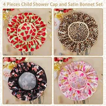 4 PCS Kids Satin Bonnet Child Sleeping Cap,Soft Silk Bonnet Elastic Wide Band,Breathable Baby Bonnets Night Sleep Caps,Colorful Night Hats Satin Cap for Girls Toddler Teens Natural Hair (Cute Pattern)