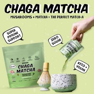 Renude Chaga Matcha Superfood Drink Mix - Ceremonial Matcha with Adaptogens, 15 Servings for Natural...