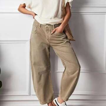 Womens Barrel Jeans - Mid Rise, Vintage Wide Leg, Cropped, Y2k Boyfriend, Comfy Denim Pants - Khaki ...