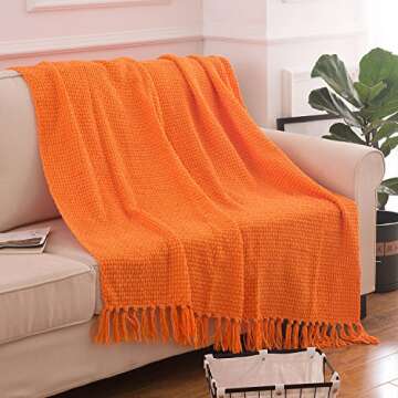 Super Soft Throw, Decorative Woven Plaid Pattern Throw Blanket with Tassels, 50x60, Orange