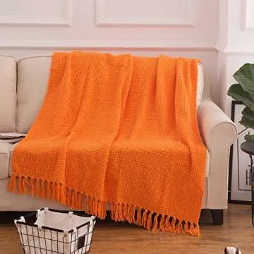 Super Soft Orange Throw Blanket with Woven Plaid Pattern