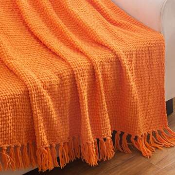 Super Soft Throw, Decorative Woven Plaid Pattern Throw Blanket with Tassels, 50x60, Orange