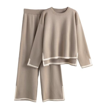 Tanming Women's 2 Piece Outfits Long Sleeve Knit Sweater Top Wide Leg Pants Lounge Sets Tracksuits (...