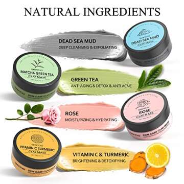 4 Pcs Clay Facial Mask Set - Turmeric, Vitamin C, Green Tea, Dead Sea Mud, and Rose Clay Skin Care M...
