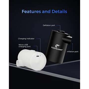 FLEXTAILGEAR MAX Pump 2020 Portable Air Pump with 3600mAH Battery USB Rechargeable Air Pump-Quick Inflate Deflate for Sleeping Pads, Air Mattress, Pool Toys, Floats, Swimming Ring, Air Bed (Black)