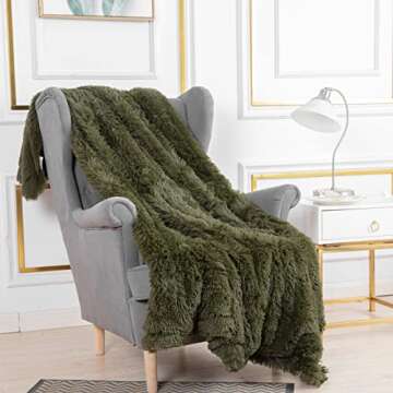 YUSOKI Olive Green Faux Fur Throw Blanket,2 Layers,50" x 60" Cozy Plush Fluffy Blanket Furry Fuzzy Warm Cute Shaggy Blanket for Fall Bed Living Room Décor Baby Women Pet