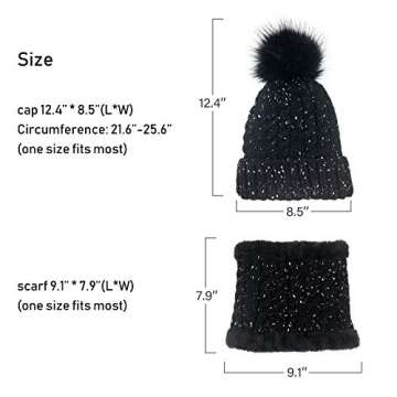 LCZTN Womens Pom Beanie Hat Scarf Set Girls Cute Winter Ski Hat Slouchy Knit Skull Cap with Fleece Lined
