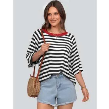 UEU Striped T-Shirts for Women Casual Loose Elbow Sleeve Tops 2025 Cropped Workout Crew Neck Basic T...