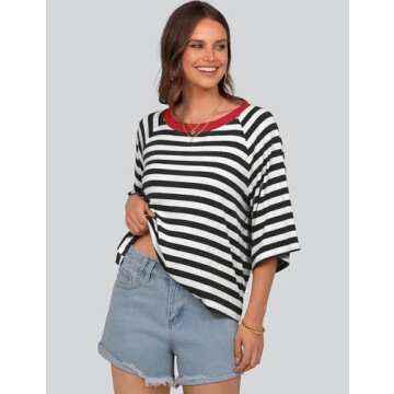 UEU Striped T-Shirts for Women Casual Loose Elbow Sleeve Tops 2025 Cropped Workout Crew Neck Basic Tee Gym Cute Blouse Black Striped XXL