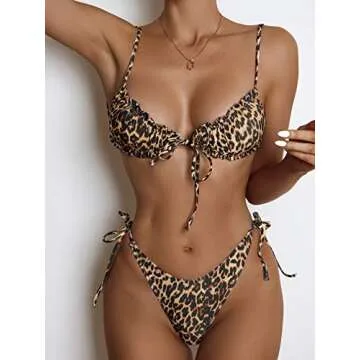 OYOANGLE Women's 2 Piece Bikini Sets Leopard Print Spaghetti Strap Tie Side Bathing Suit Swimsuit Swimwear Black and Brown M