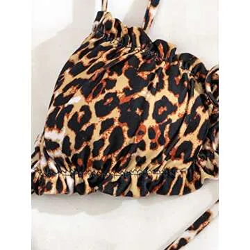 OYOANGLE Women's 2 Piece Bikini Sets Leopard Print Spaghetti Strap Tie Side Bathing Suit Swimsuit Swimwear Black and Brown M