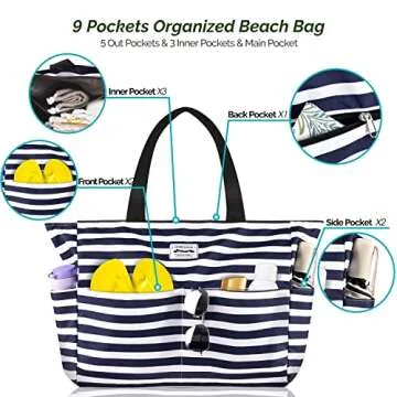 HOMESPON Large Waterproof Beach Bag for Women Sandproof Tote Bag Pool Bag with Zipper and Pockets for Travel Vacation Gym (Blue Stripes)