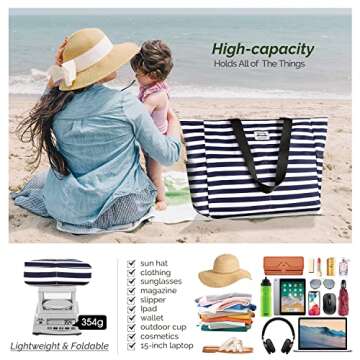 HOMESPON Large Waterproof Beach Bag for Women Sandproof Tote Bag Pool Bag with Zipper and Pockets for Travel Vacation Gym (Blue Stripes)