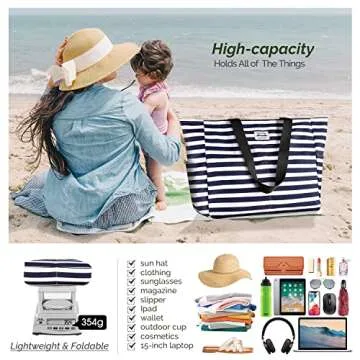 HOMESPON Large Waterproof Beach Bag for Women Sandproof Tote Bag Pool Bag with Zipper and Pockets for Travel Vacation Gym (Blue Stripes)