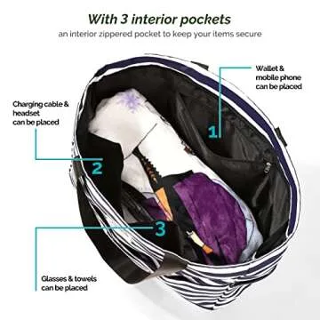 HOMESPON Large Waterproof Beach Bag for Women Sandproof Tote Bag Pool Bag with Zipper and Pockets for Travel Vacation Gym (Blue Stripes)