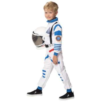 Spooktacular Creations Halloween Child Unisex Astronaut Costume, White Blue NASA Pilot Jumpsuit with Helmet for Kids Halloween Cosplay, Party Favors (Medium, 8-10 yrs)