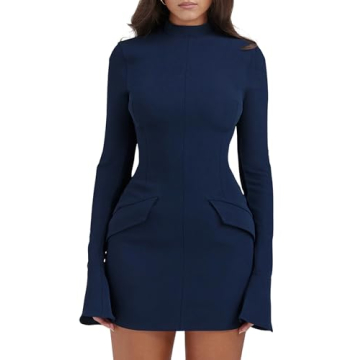YMDUCH Women's Long Sleeve Mock Turtle Neck Bodycon Mini Tank Short Party Dress in Navy