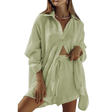 Fixmatti Women Button Down Long Sleeve Shirt with Shorts Set Casual Matching Set Streetwear 2 Piece ...