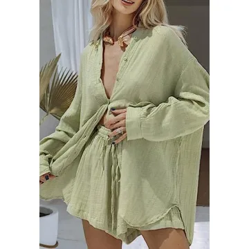 Fixmatti Women Button Down Shirt and Shorts Set
