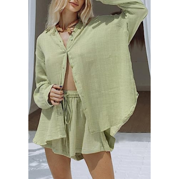 Fixmatti Women Button Down Shirt and Shorts Set