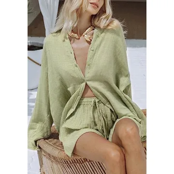 Fixmatti Women Button Down Shirt and Shorts Set
