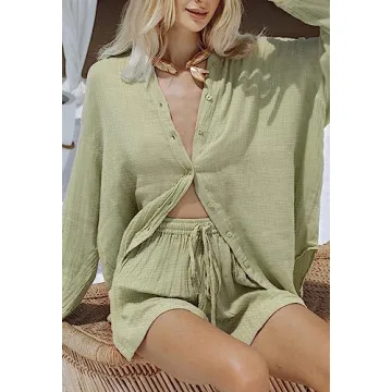 Fixmatti Women Button Down Shirt and Shorts Set