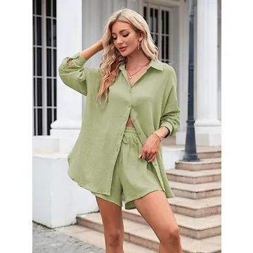 Fixmatti Women Button Down Shirt and Shorts Set