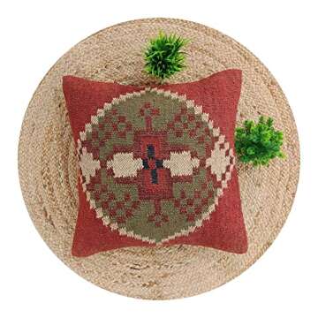 Trade Star Indian Wool Jute Pillow Cover Kilim Pillow Case Handwoven Throw Pillow case 18x18 Inches Decorative Outdoor Cushion Boho Pillow Shams for Home Decor (Pattern 10)
