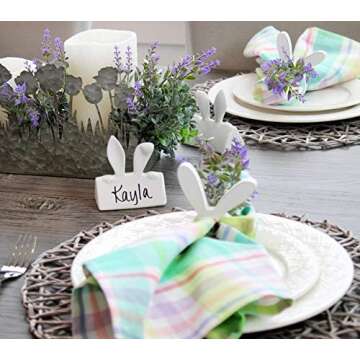 AuldHome Design Bunny Place Card Holders (6-Pack), Easter Spring Ceramic Reusable Write-On Wipe-Off Place Card Stands for Table